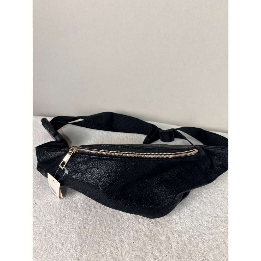 Black Faux‎ Leather Fanny Pack Belt Bag Gold Zipper Adjustable Strap